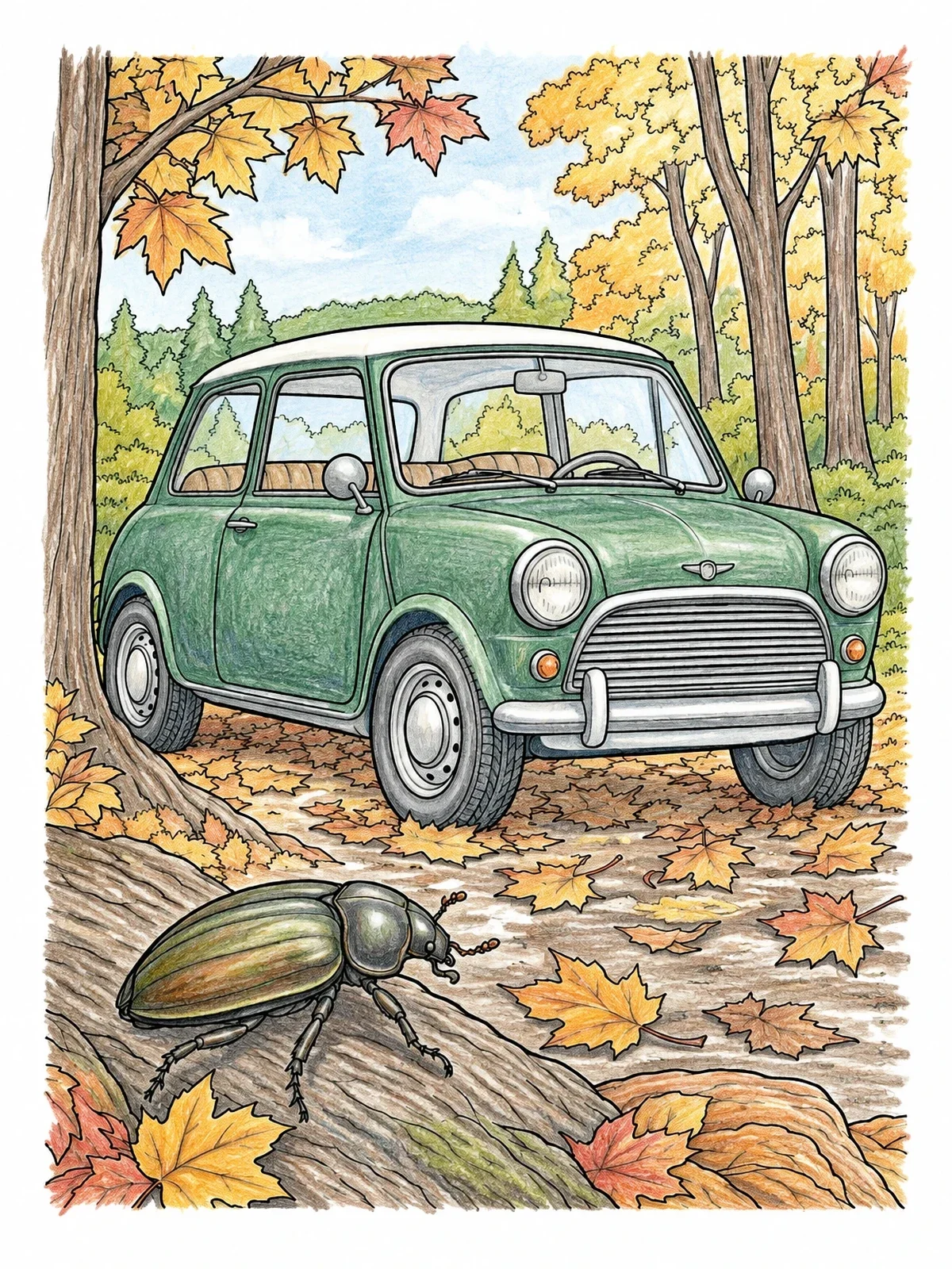 Colored example of the Classic Car And Forest Beetle coloring page