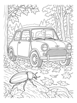 A vintage car and an insect crawling on a log feature in this beetle coloring page.