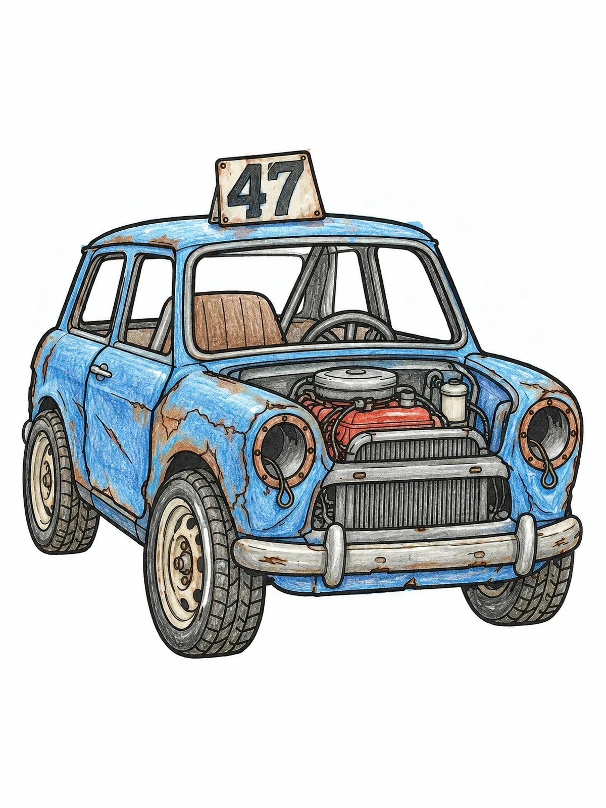 Colored example of the Classic Demolition Derby Compact Car coloring page
