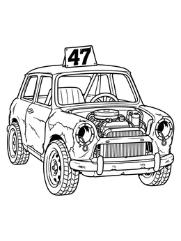 Vintage derby car coloring page featuring an exposed engine and roof number sign.