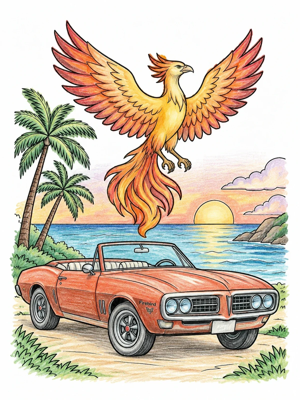 Colored example of the Classic Convertible Firebird And Flying Phoenix coloring page