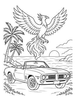 A vintage convertible parked along a tropical beach in this firebird coloring page.