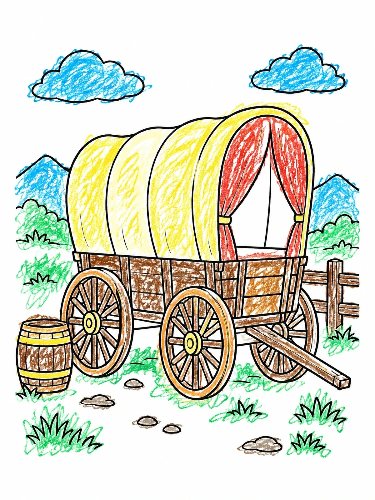 Colored example of the Classic Covered Pioneer Wagon coloring page