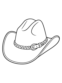 A detailed cowboy hat coloring page featuring a braided band and belt buckle.