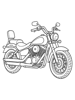 A detailed classic cruiser motorcycle coloring page with chrome exhaust and spoke wheels.