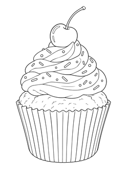 A classic cupcake coloring page topped with a high frosting swirl and cherry.