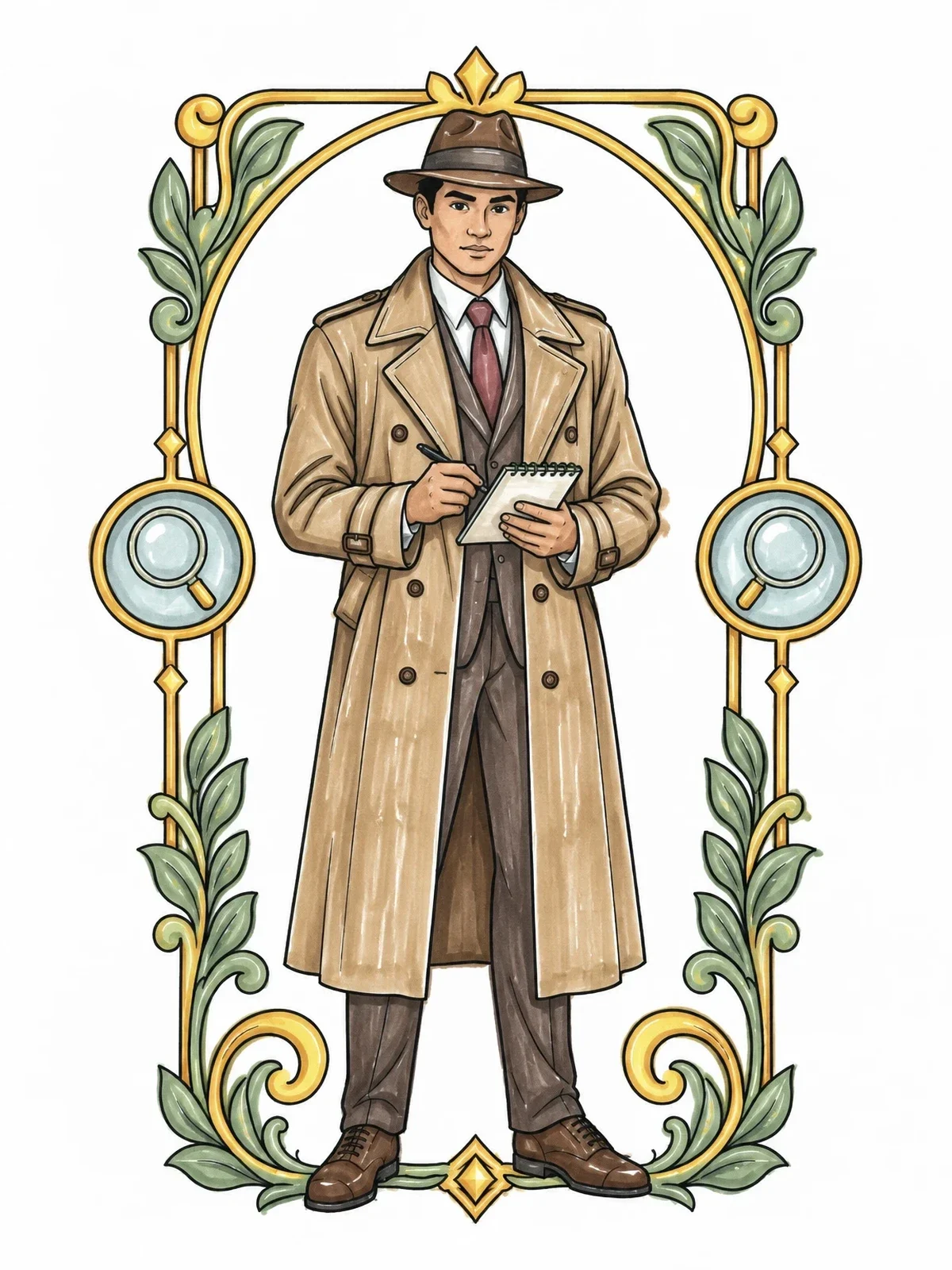 Colored example of the Classic Detective With Notepad And Magnifying Glasses coloring page