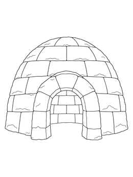 A simple igloo coloring page featuring an arched entrance built from snow blocks.