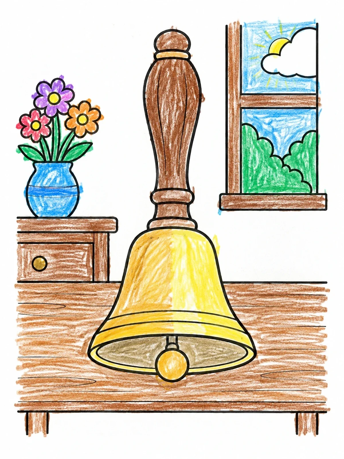 Colored example of the Classic Handbell On A Wooden Table coloring page