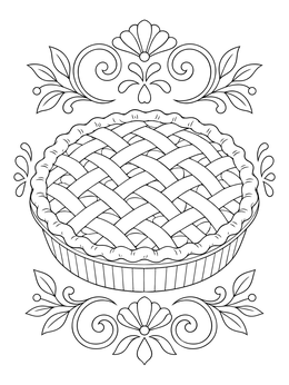 Detailed lattice-crust pie coloring page with elegant floral flourishes.