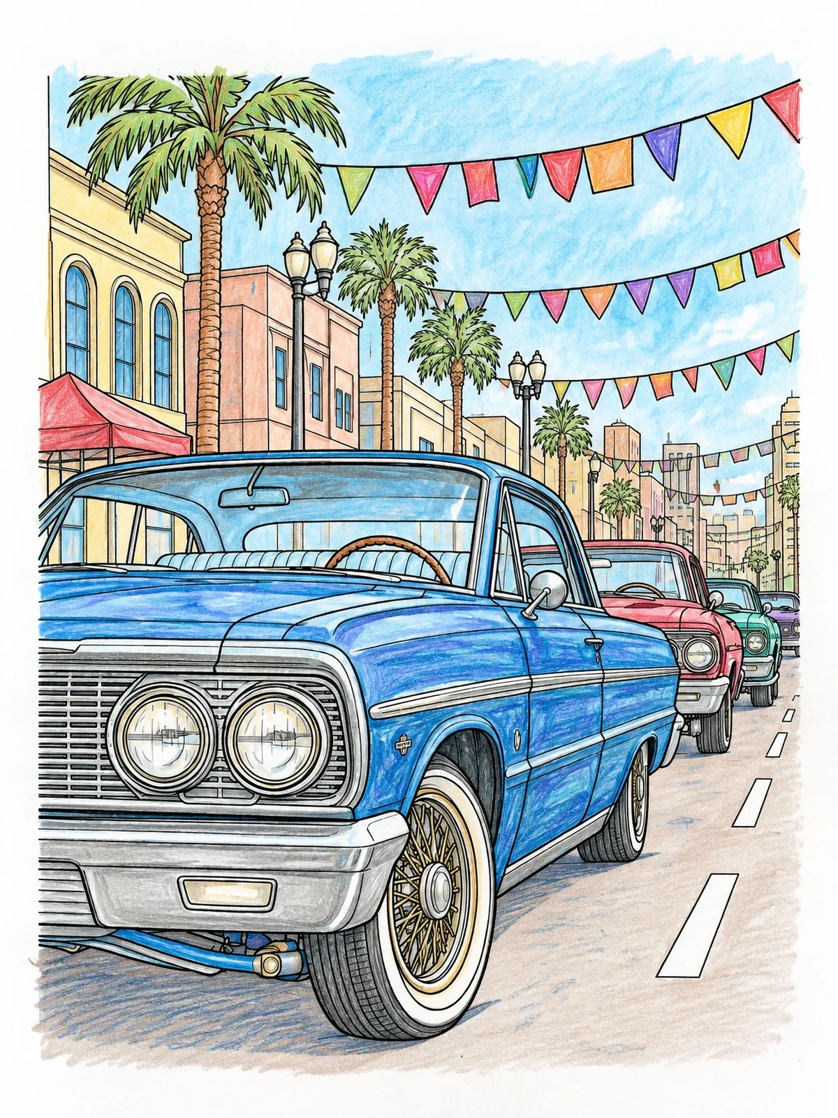 Colored example of the Classic Lowriders On Festival Boulevard coloring page