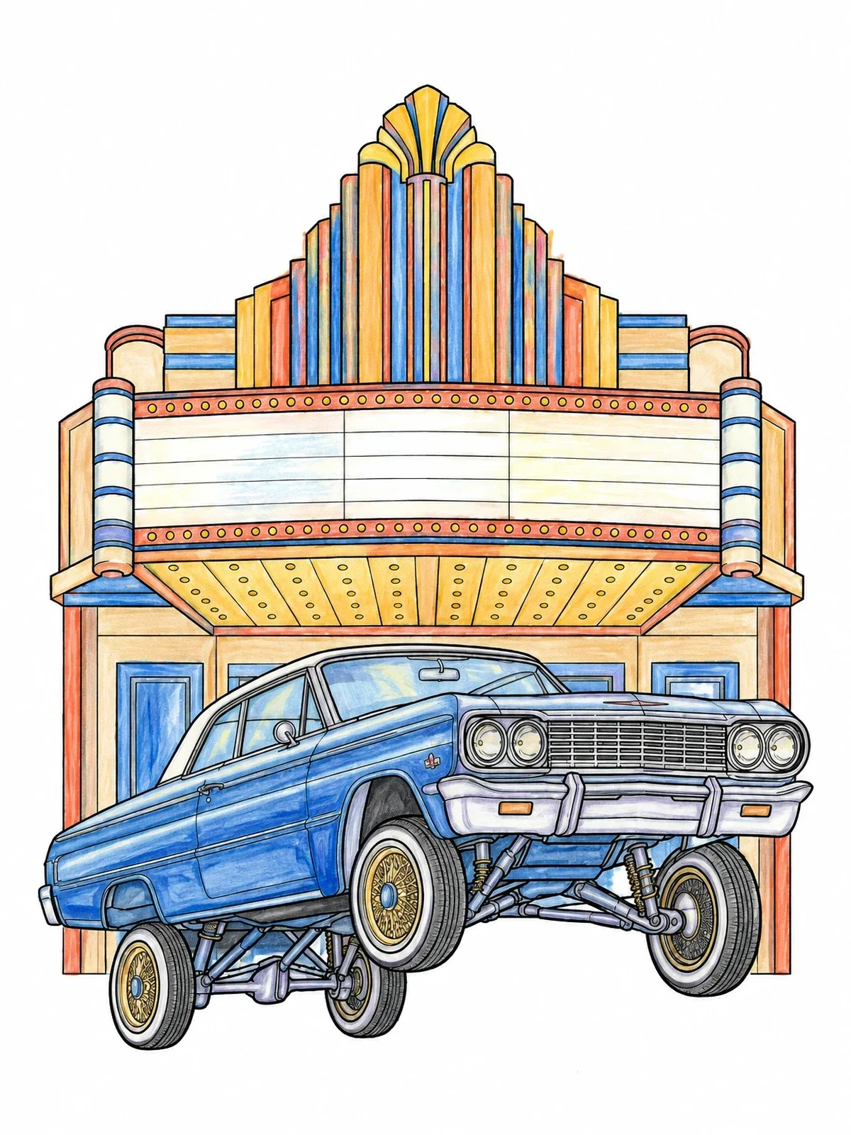 Colored example of the Classic Lowrider Hopping By Vintage Theater coloring page