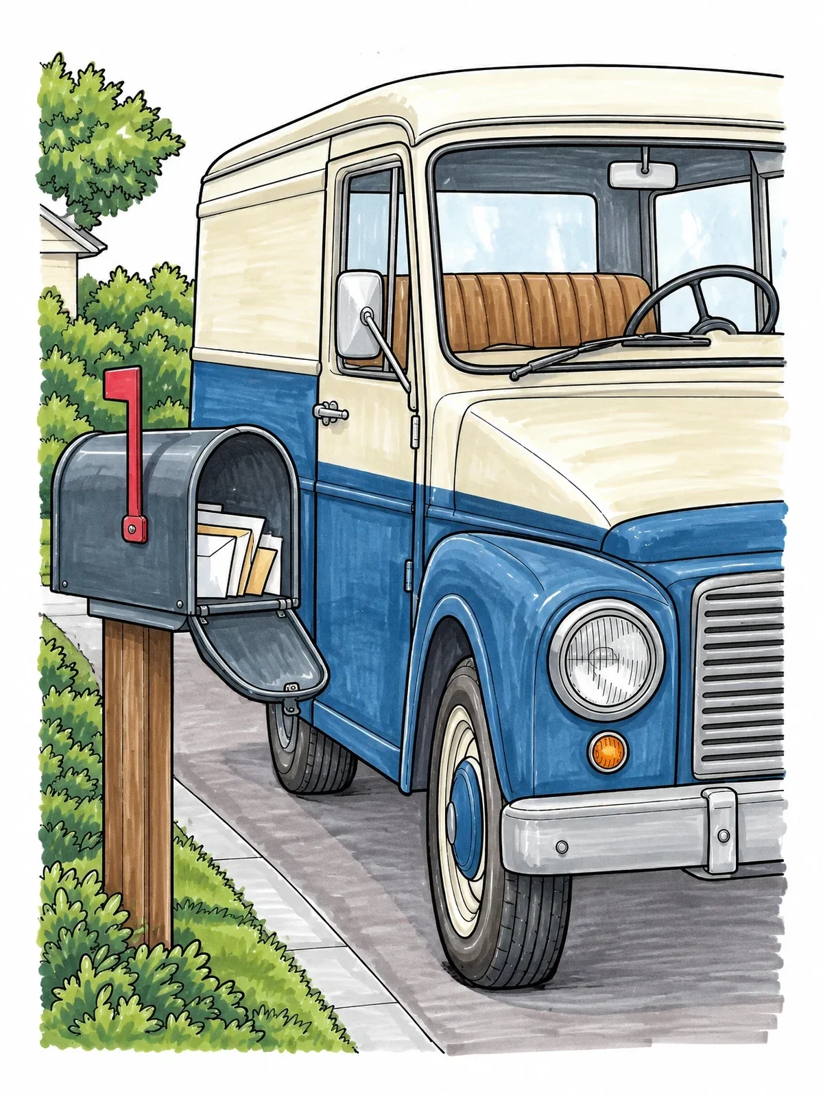 Colored example of the Classic Mail Truck By Curbside Mailbox coloring page