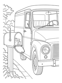 A vintage mail man coloring page featuring a delivery truck stopped next to an open mailbox filled with letters.