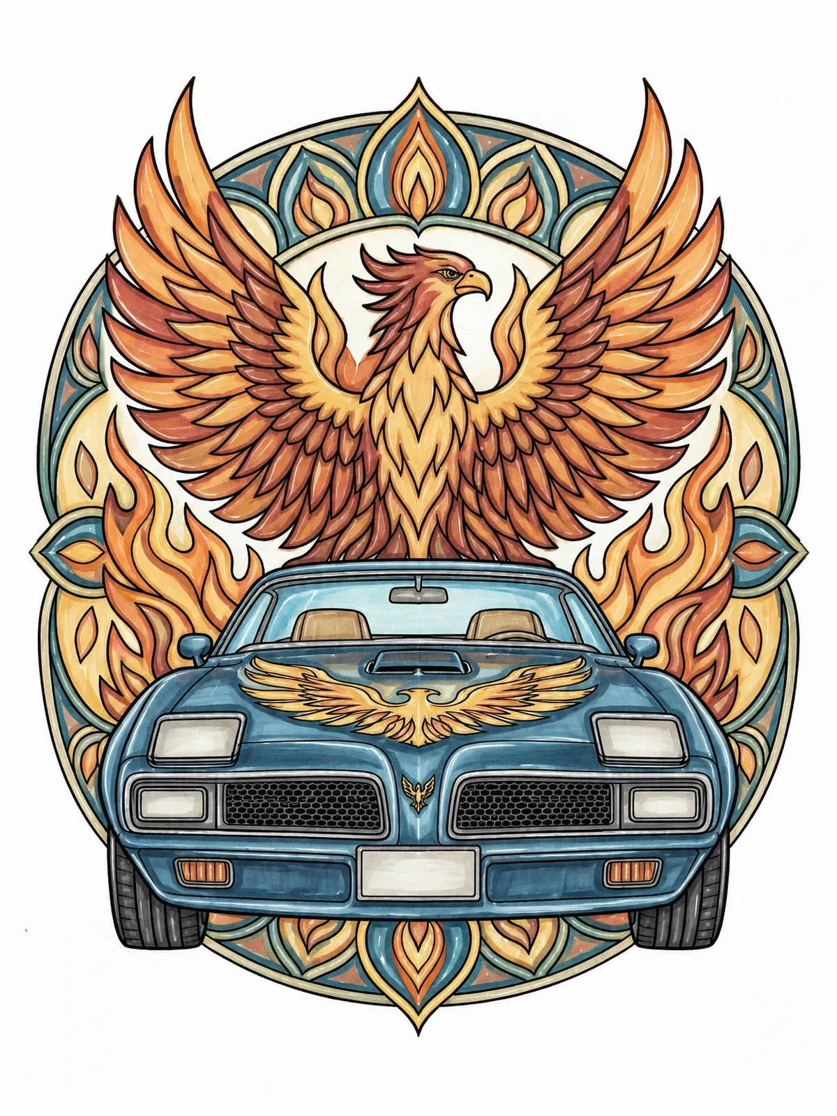Colored example of the Classic Muscle Car And Phoenix Emblem coloring page