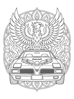 Vintage muscle car with a rising phoenix motif on this detailed firebird coloring page.