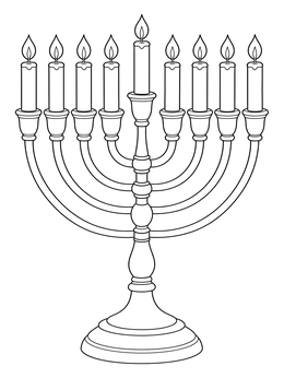 A symmetrical menorah coloring page featuring nine lit candles on a pedestal base.