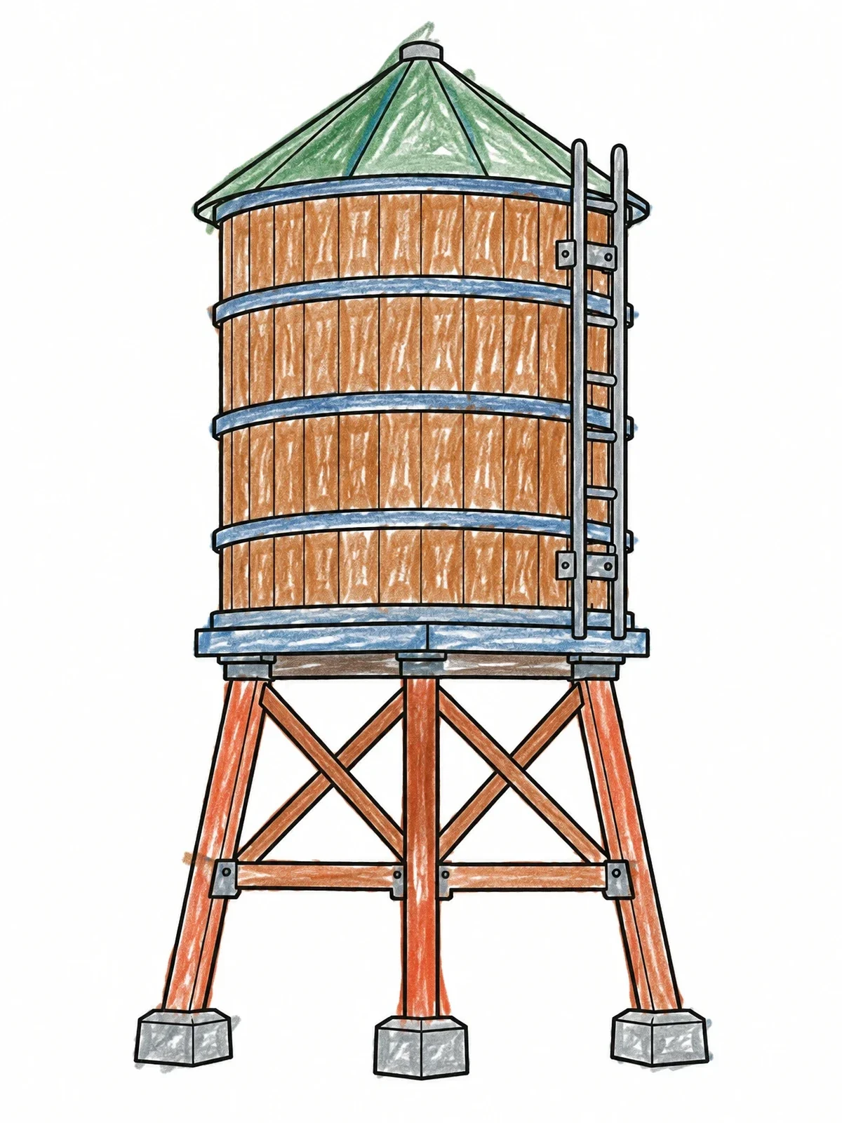 Colored example of the Classic New York Rooftop Water Tower coloring page