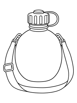 A classic round water flask featured in a hiking coloring page with shoulder strap.
