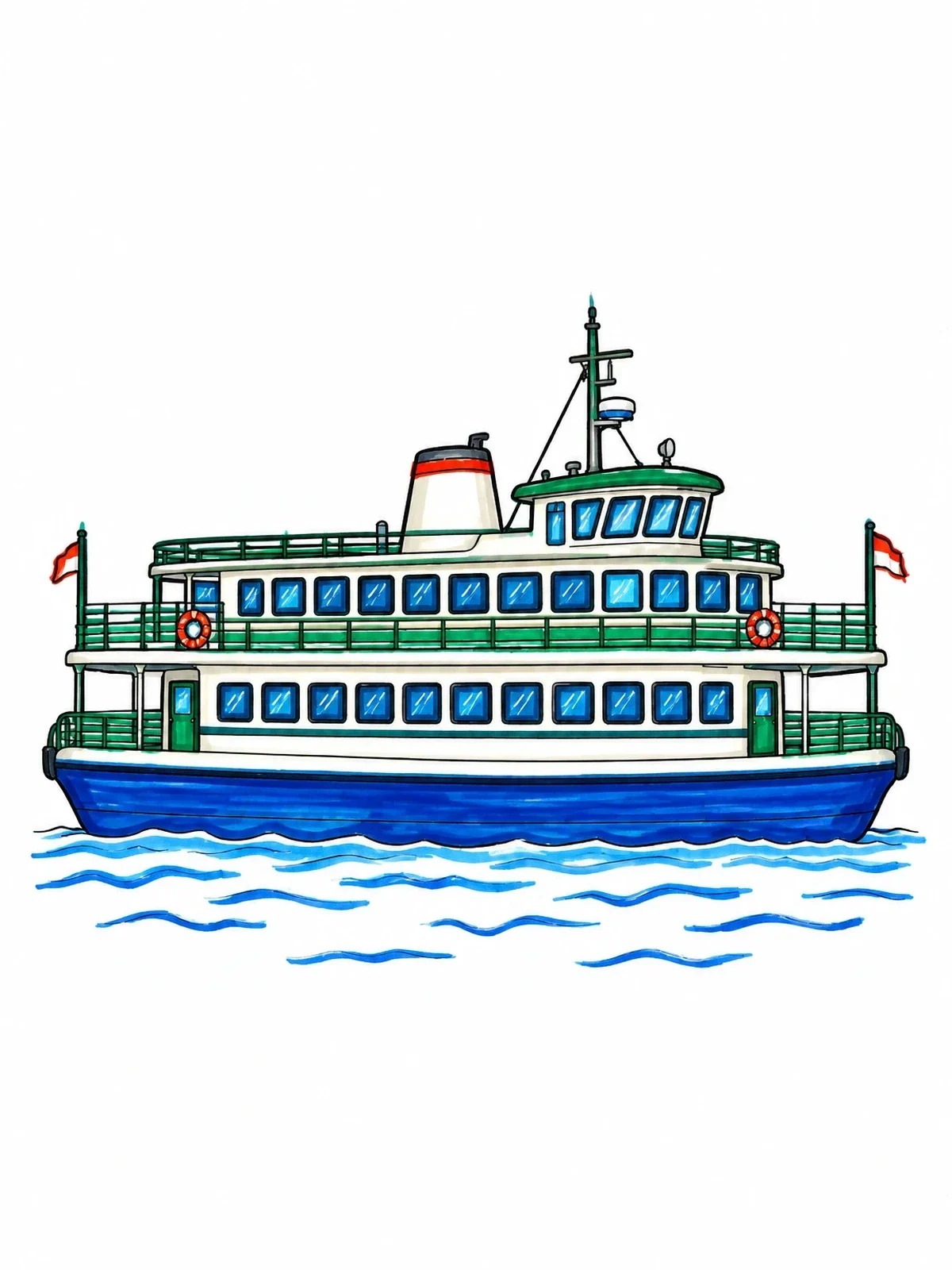 Colored example of the Classic Passenger Ferry Boat coloring page