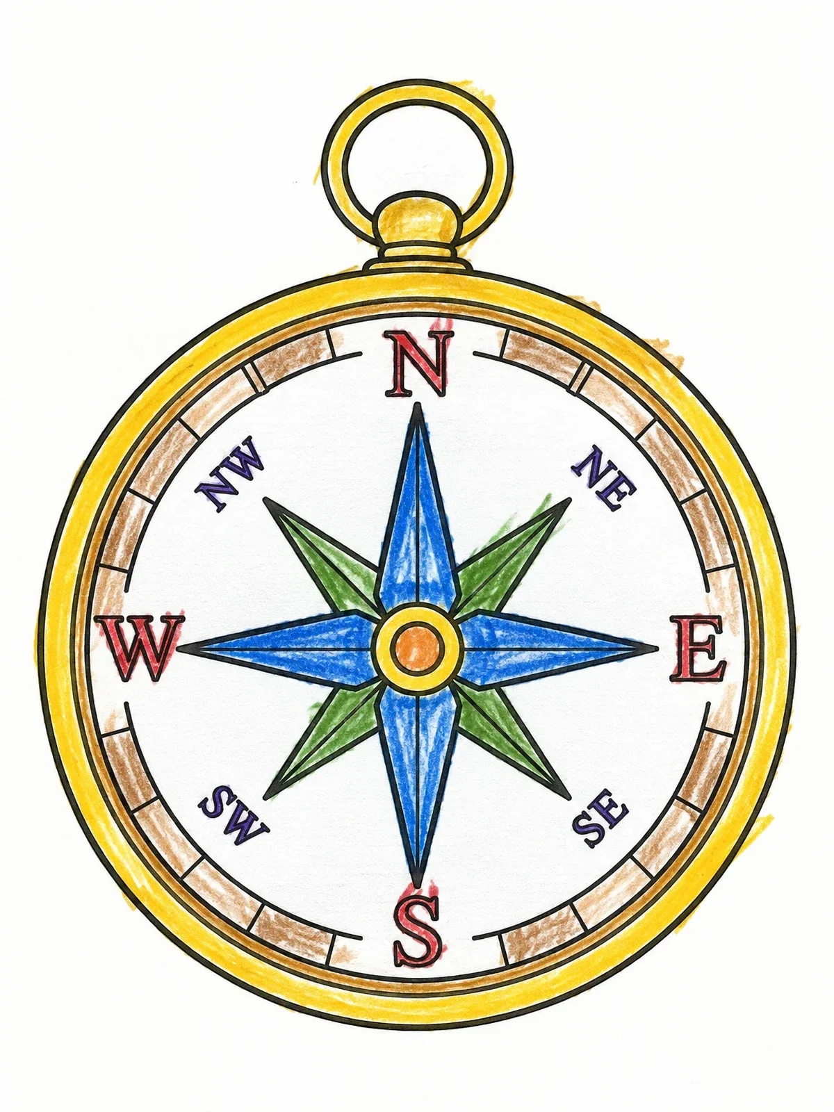 Colored example of the Classic Pocket Compass Rose coloring page