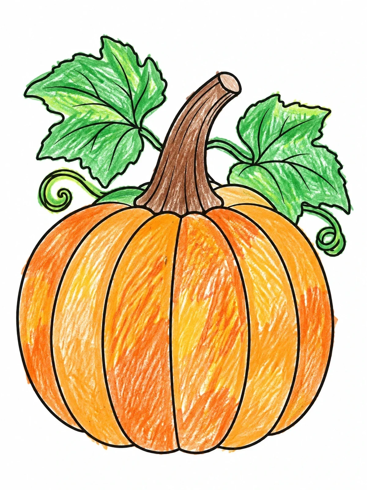 Colored example of the Classic Pumpkin With Vine Leaves coloring page