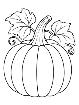 A plump pumpkin coloring page featuring broad leaves and curly tendrils.