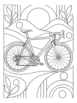 A detailed road bike coloring page set against abstract geometric waves and shapes.