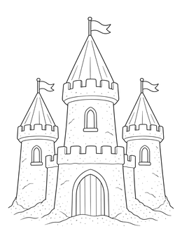 A detailed sand castle coloring page with three peaked towers, battlements, and flying flags.
