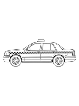 A detailed taxi coloring page showing the side profile of a sedan cab with checkered pattern.