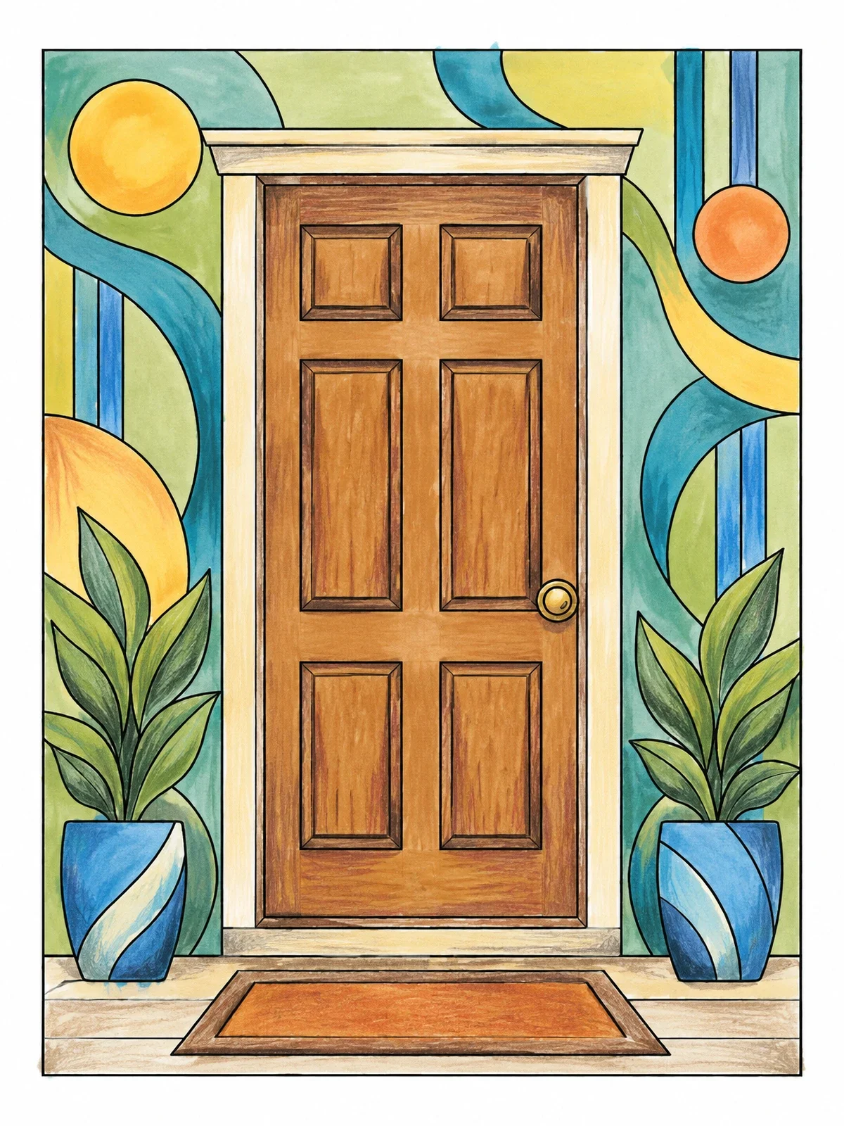 Colored example of the Classic Six Panel Front Door coloring page