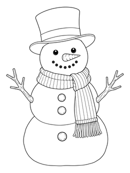 A cheerful snowman coloring page featuring a top hat, carrot nose, and striped knit scarf.