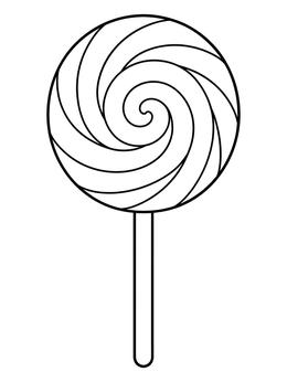 A simple lollipop coloring page featuring a round candy with classic spiral swirls.