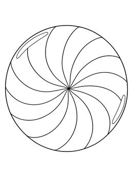 A simple round peppermint candy coloring page with curved swirl stripes and highlights.
