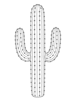 A detailed saguaro cactus coloring page with two curved arms.