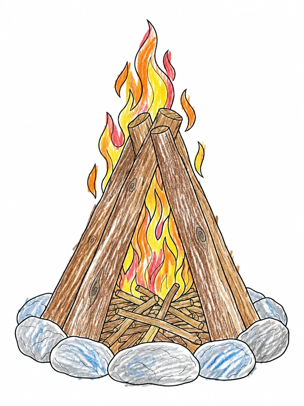 Colored example of the Classic Teepee Campfire With Stone Ring coloring page