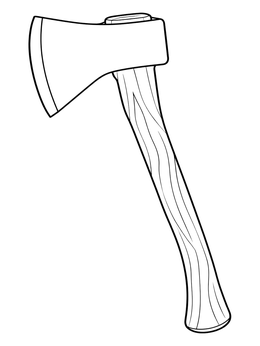 A detailed woodchopping axe coloring page with textured wooden grain handle.