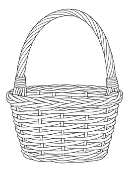 An empty woven basket coloring page with a tall curved handle.