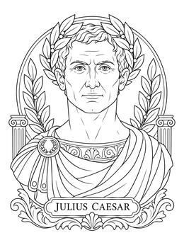 Detailed portrait on a julius caesar coloring page framed by laurel leaves.