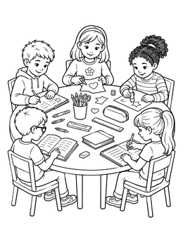 Free printable Children Crafting Around Round Table coloring page