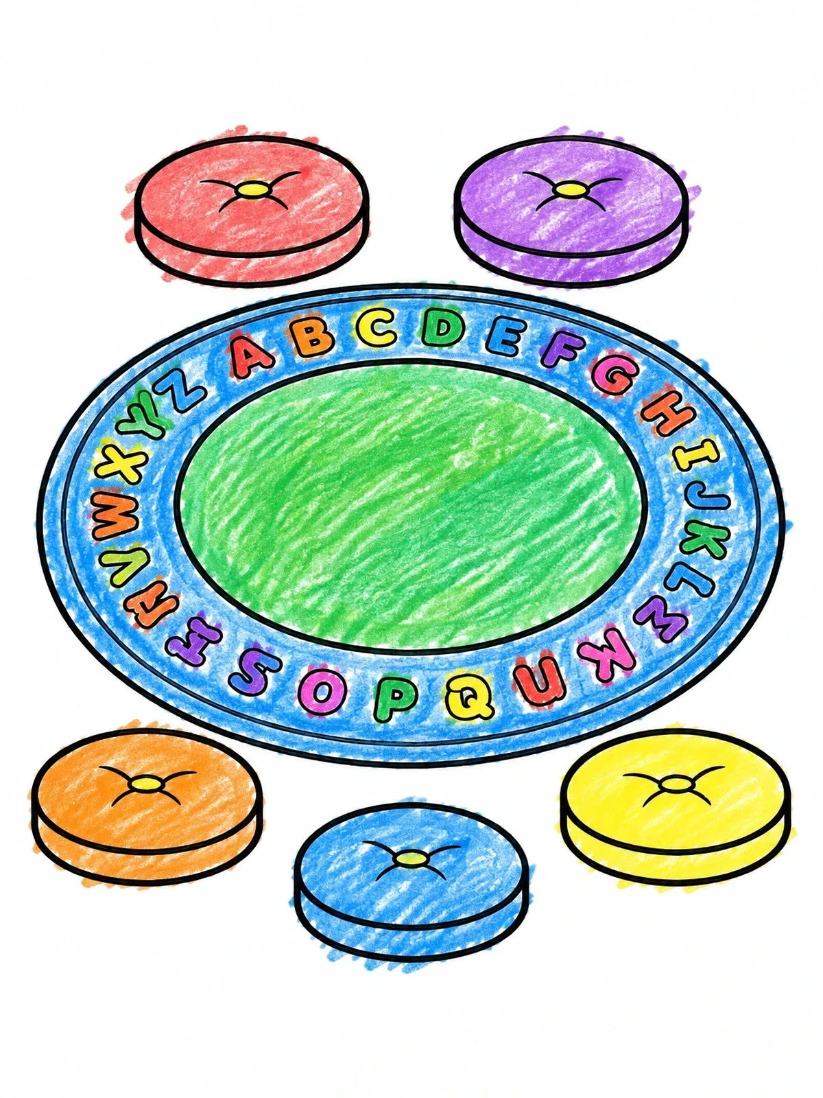 Colored example of the Classroom Circle Time Alphabet Rug coloring page
