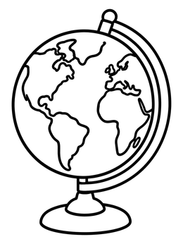A simple earth coloring page showing a desktop globe on a sturdy stand.