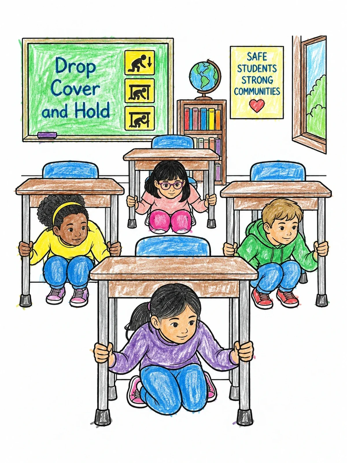 Colored example of the Classroom Earthquake Drill Practice coloring page