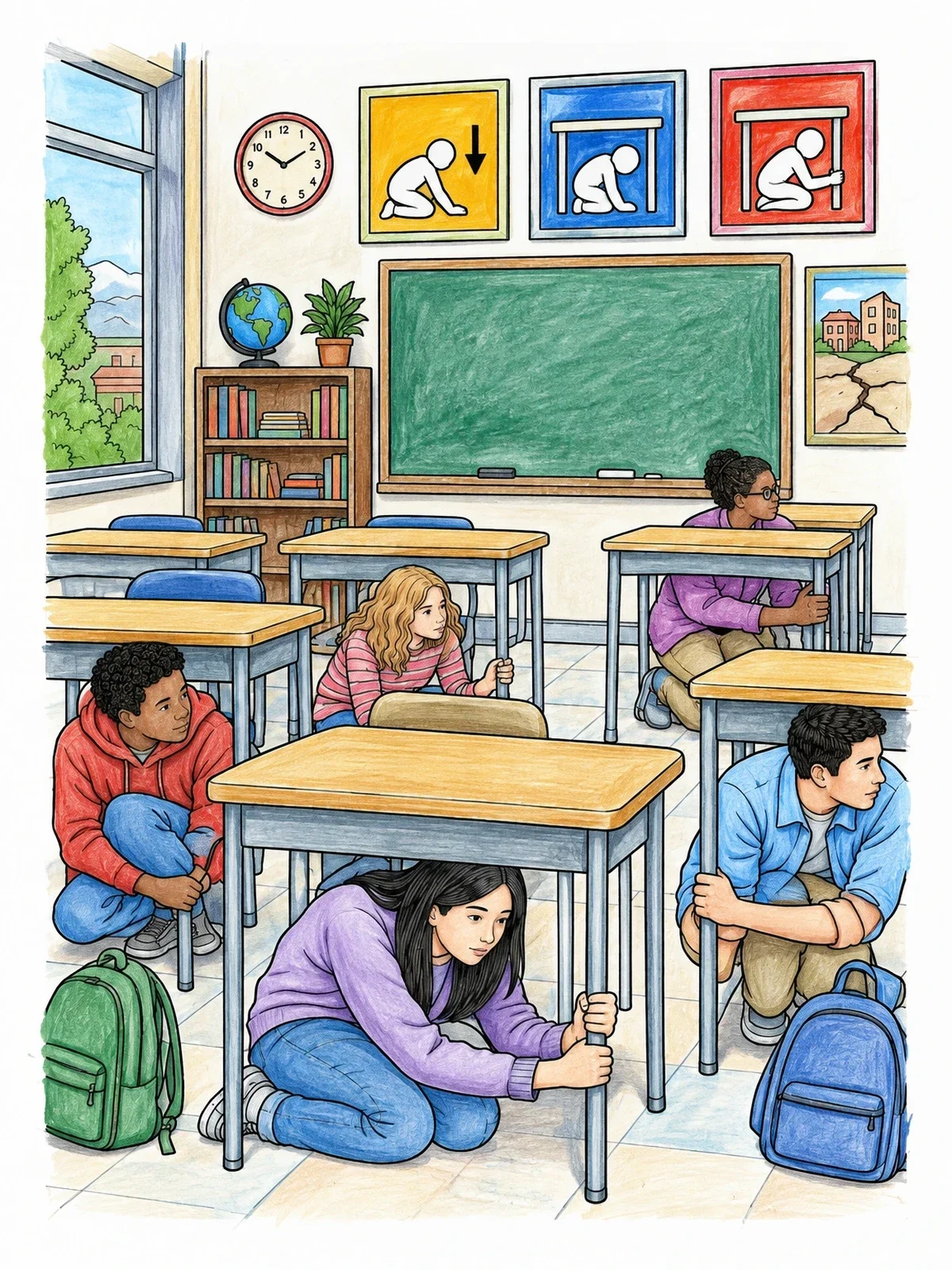 Colored example of the Classroom Earthquake Drill Safety coloring page