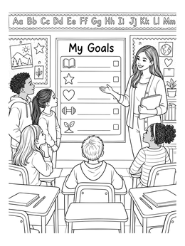 Students gather around a teacher pointing at a chart in this goal setting coloring page.