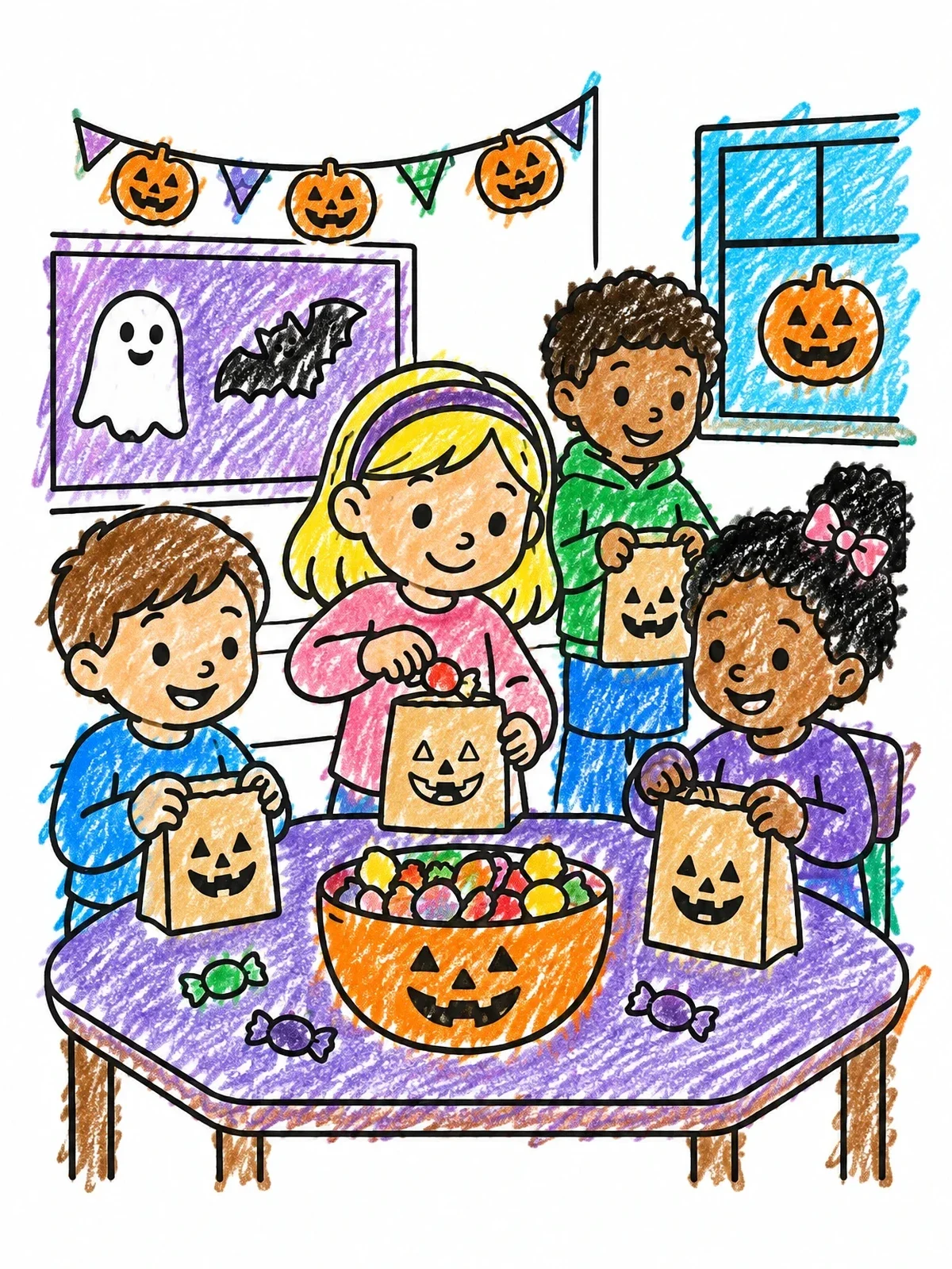 Colored example of the Classroom Halloween Treat Bag Party coloring page