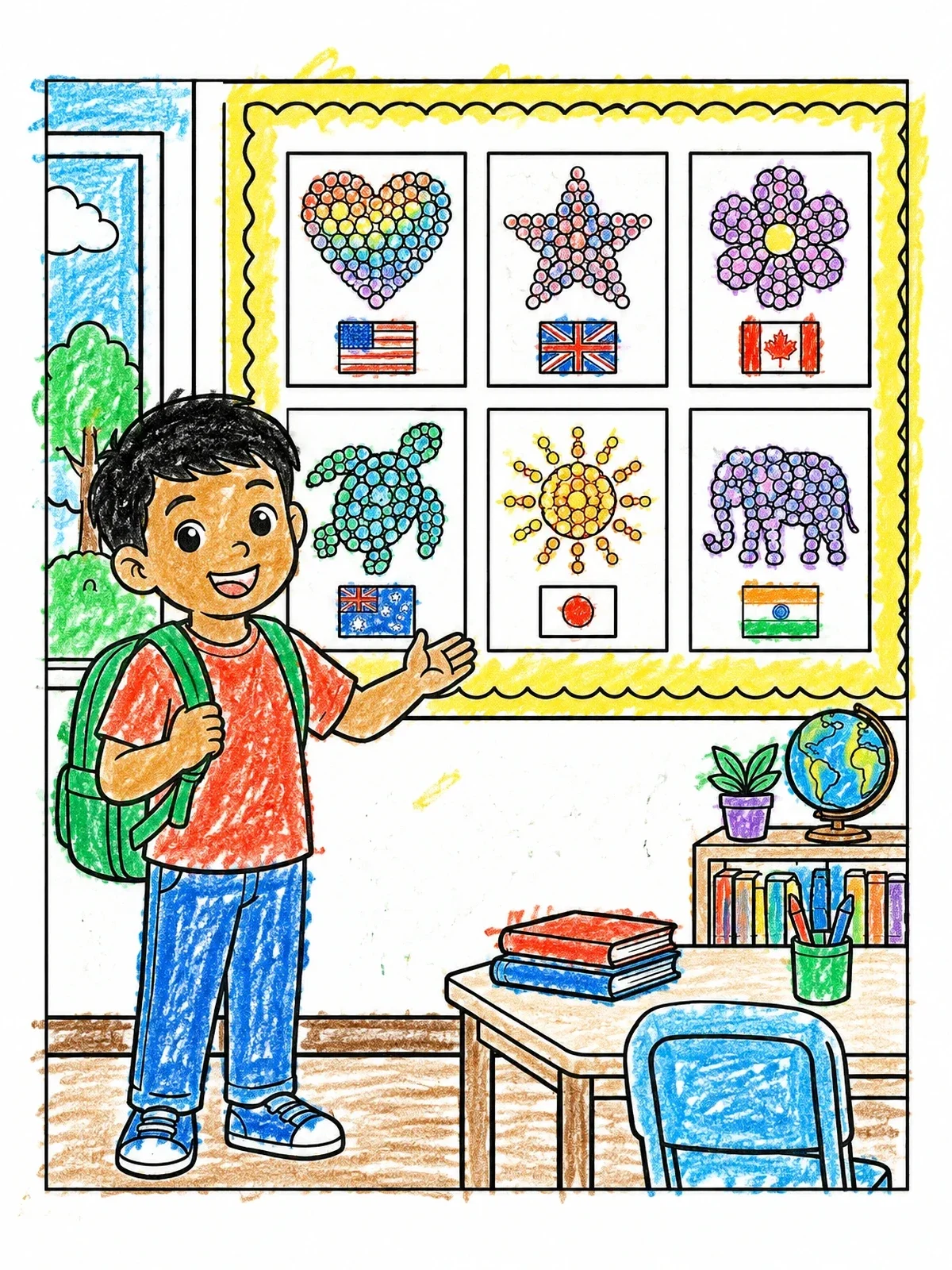 Colored example of the Classroom International Dot Art Display coloring page