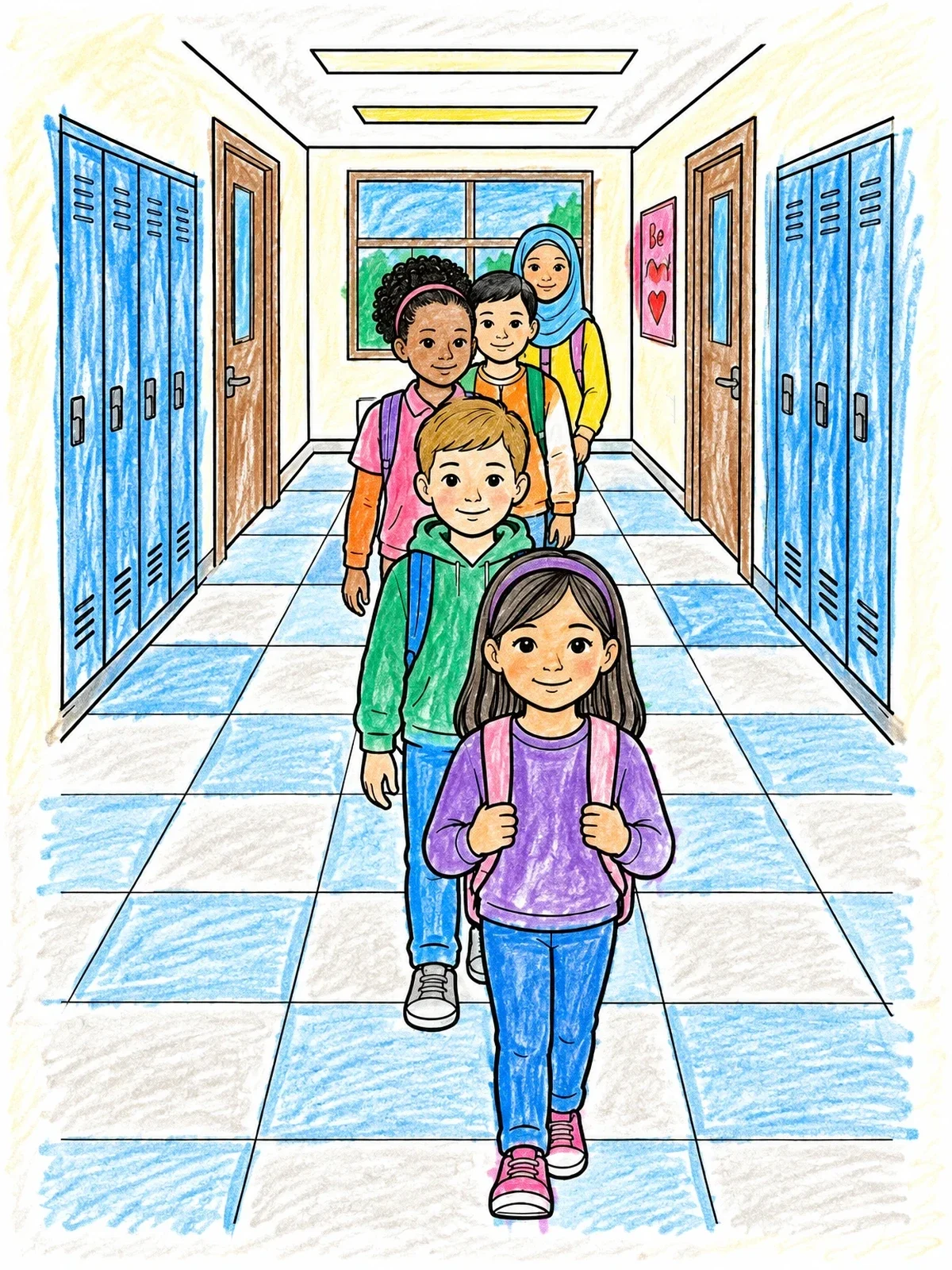 Colored example of the Students Walking Down The School Hallway coloring page