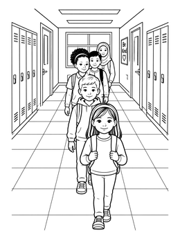 Free printable Students Walking Down The School Hallway coloring page