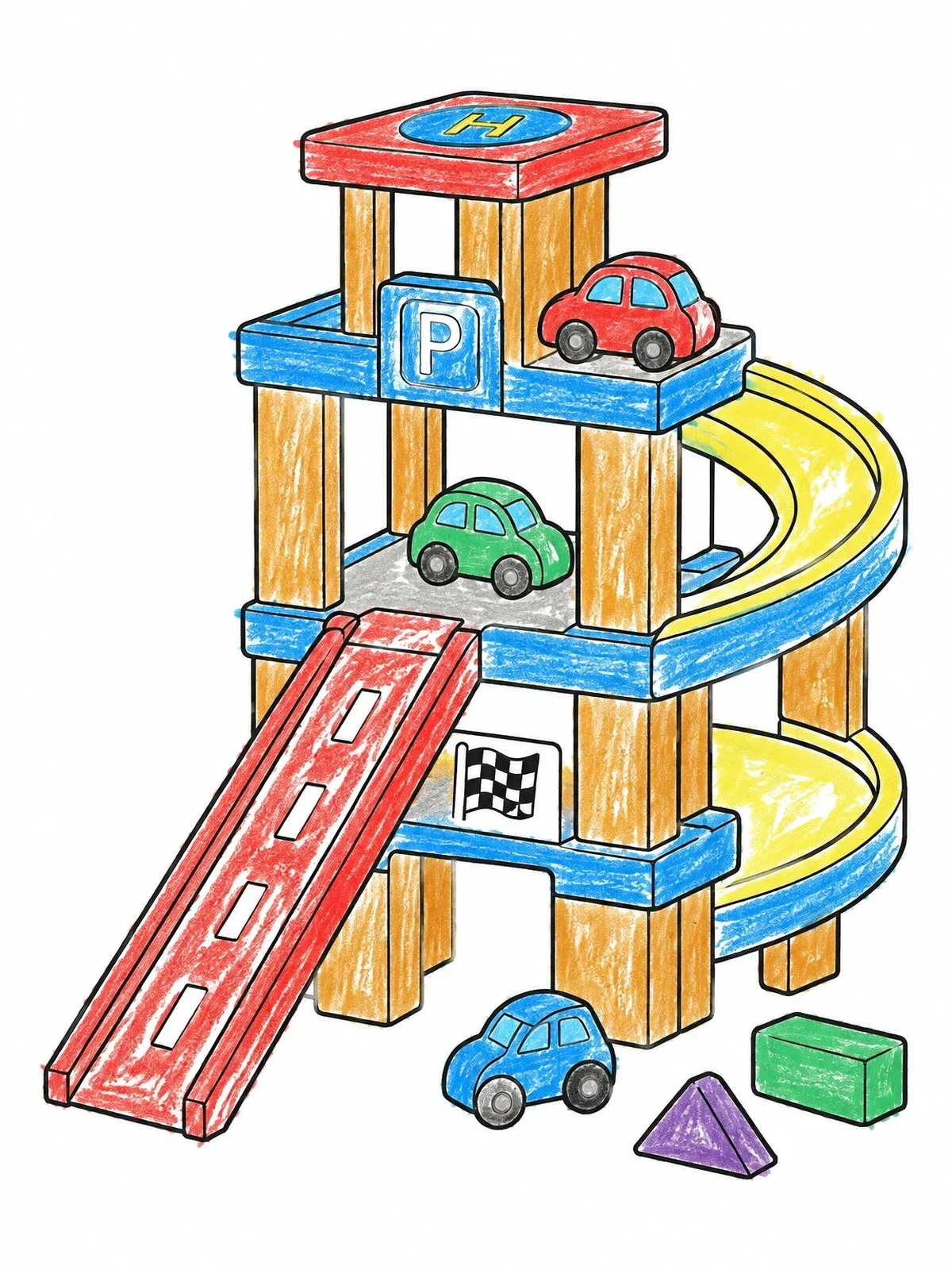 Colored example of the Toy Car Parking Garage coloring page